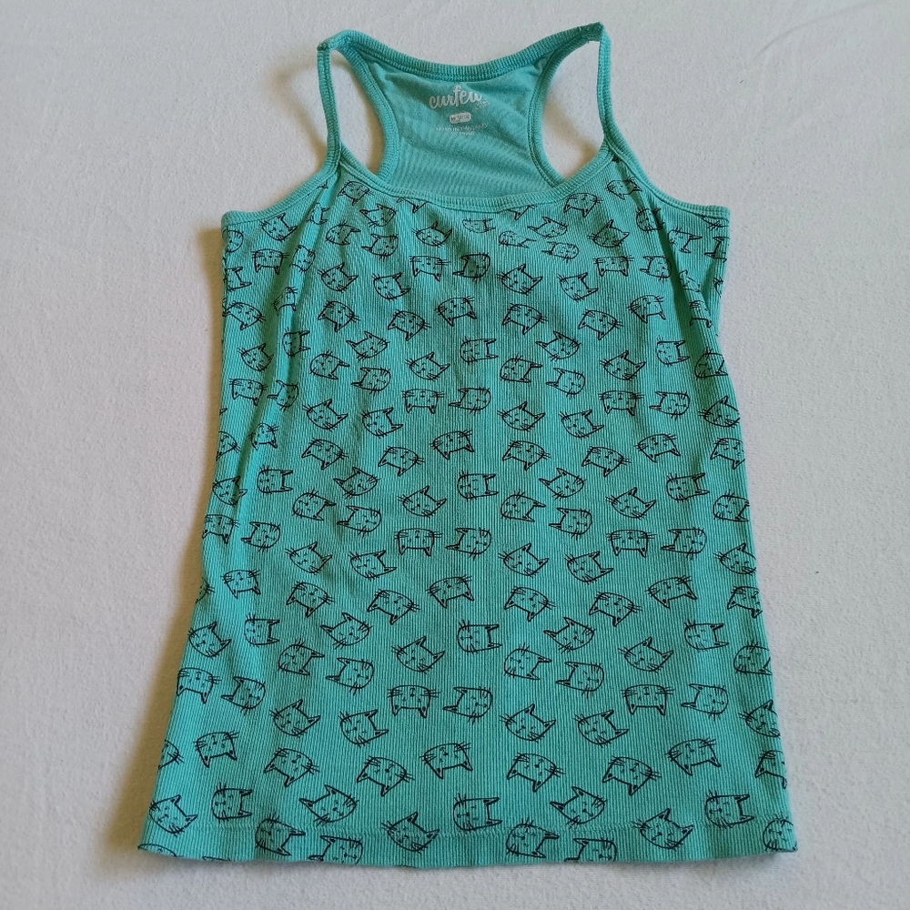 Curfew Sz M10/12Aqua Sleeveless Top With Cats All Over